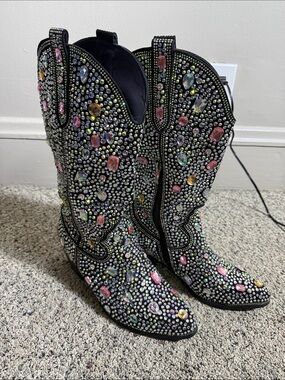 Richealnana Sparkly Gem Rhinestone Black Western-Inspired Women's Boots Sz 9